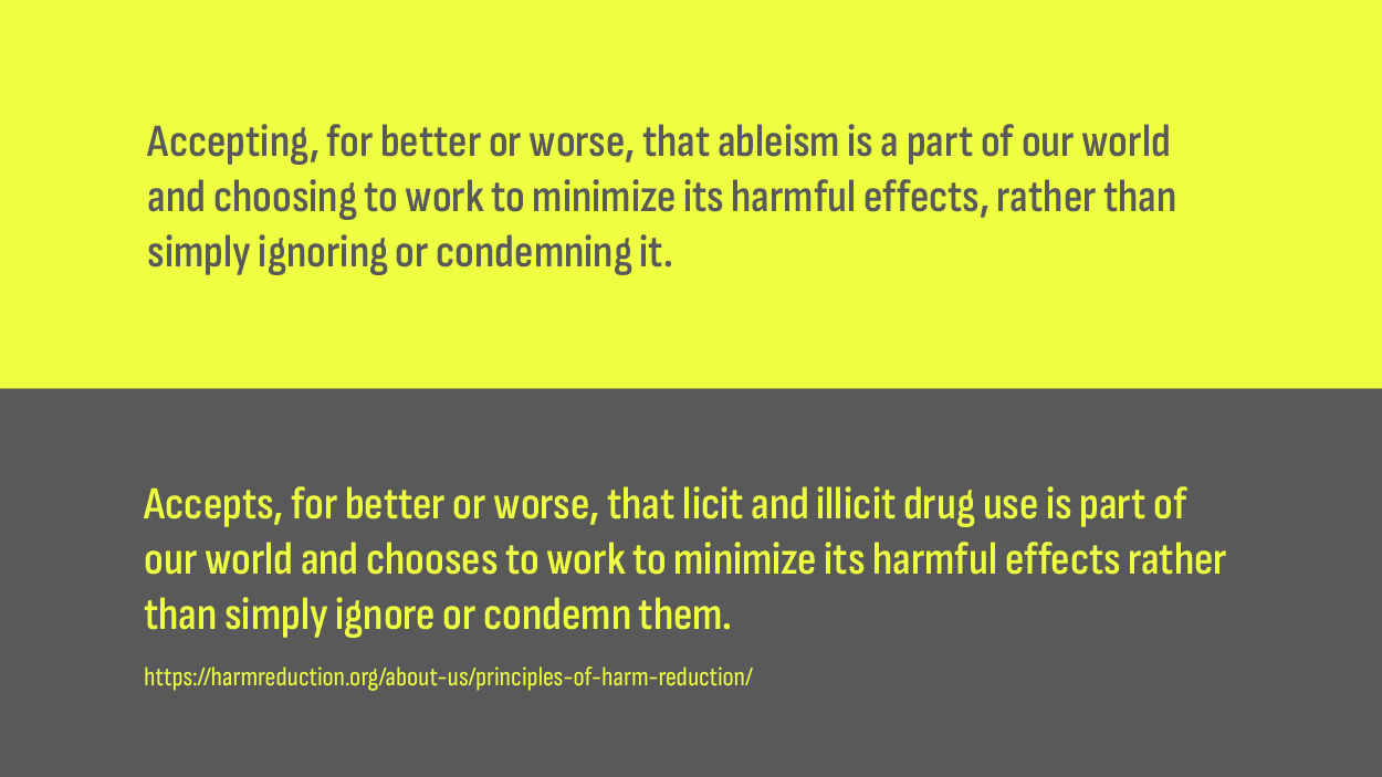 Two principles, the adapted and the original. The adapted reads, “Accepting, for better or worse, that ableism is a part of our world and choosing to work to minimize its harmful effects, rather than simply ignoring or condemning it.” The original reads, “Accepts, for better or worse, that licit and illicit drug use is part of our world and chooses to work to minimize its harmful effects rather than simply ignore or condemn them.”