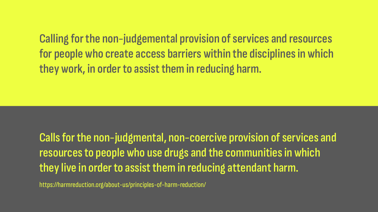 Two principles, the adapted and the original. The adapted reads, “Calling for the non-judgemental provision of services and resources for people who create access barriers within the disciplines in which they work, in order to assist them in reducing harm.” The original reads, “Calls for the non-judgmental, non-coercive provision of services and resources to people who use drugs and the communities in which they live in order to assist them in reducing attendant harm.”