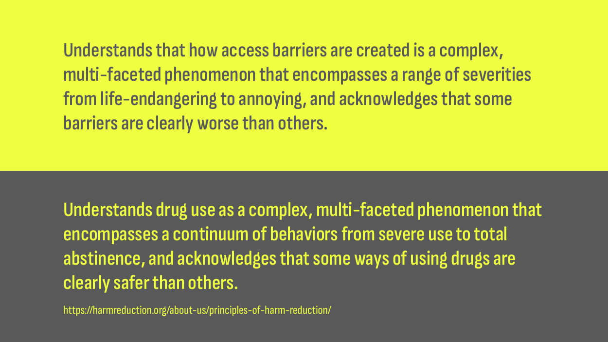 Two principles, the adapted and the original. The adapted reads, “Understands that how access barriers are created is a complex, multi-faceted phenomenon that encompasses a range of severities from life-endangering to annoying, and acknowledges that some barriers are clearly worse than others.”. The original reads, “Understands drug use as a complex, multi-faceted phenomenon that encompasses a continuum of behaviors from severe use to total abstinence, and acknowledges that some ways of using drugs are clearly safer than others.”