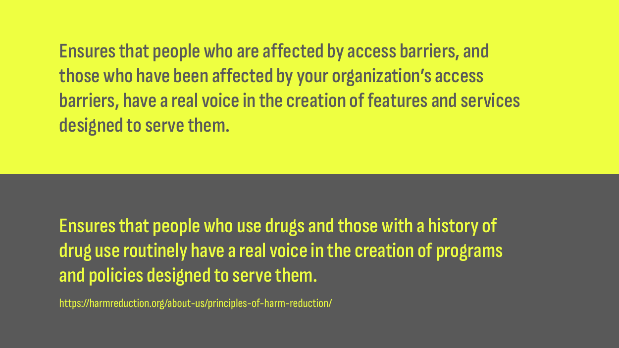 Two principles, the adapted and the original. The adapted reads, “Ensures that people who are affected by access barriers, and those who have been affected by your organization’s access barriers, have a real voice in the creation of features and services designed to serve them.”. The original reads, “Ensures that people who use drugs and those with a history of drug use routinely have a real voice in the creation of programs and policies designed to serve them.”