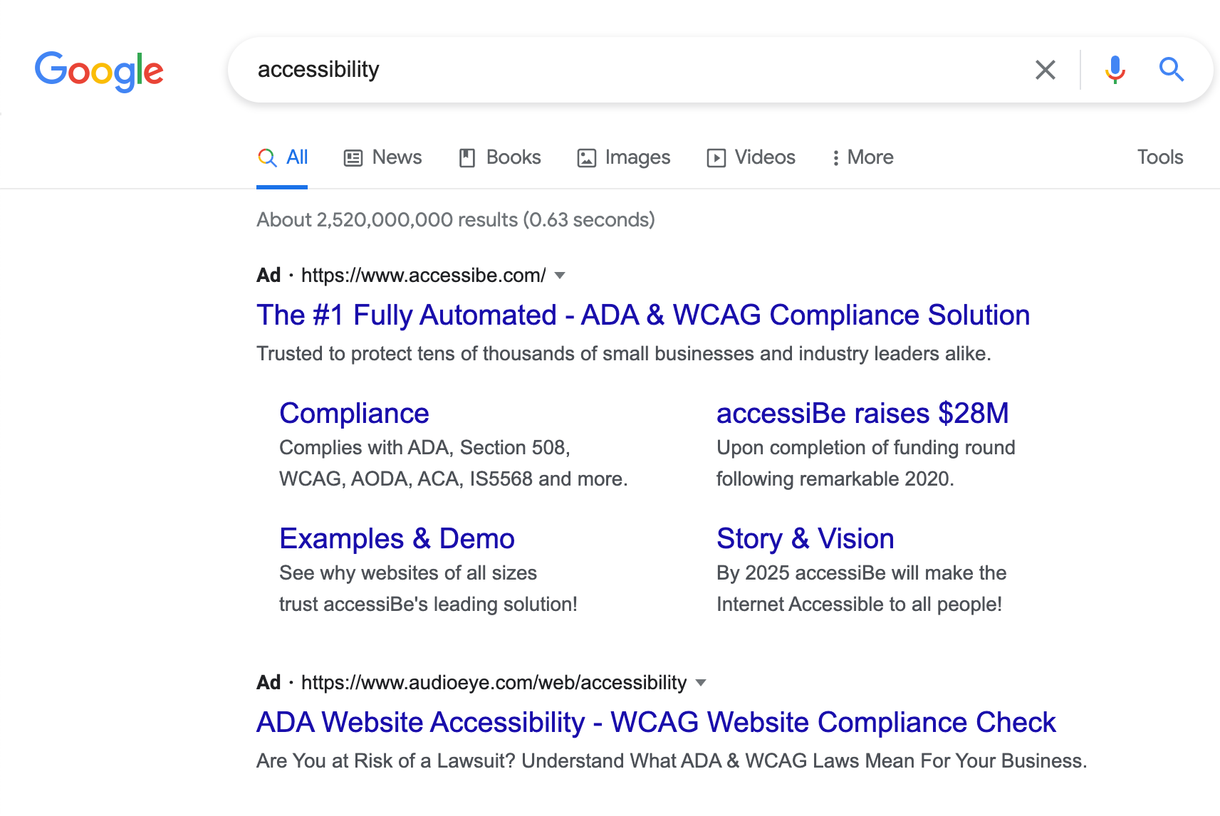 Screenshot of a Google search for “accessibility.” The top result is an ad for accessiBe, which takes up the majority of the page. Immediately below it is an ad for AudioEye.