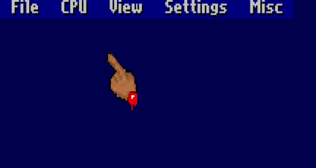 A stylized cursor that looks like a severed, bloody hand. Above it are menu options for 'File', 'CPU', 'View', 'Settings', and 'Misc.' Screenshot.