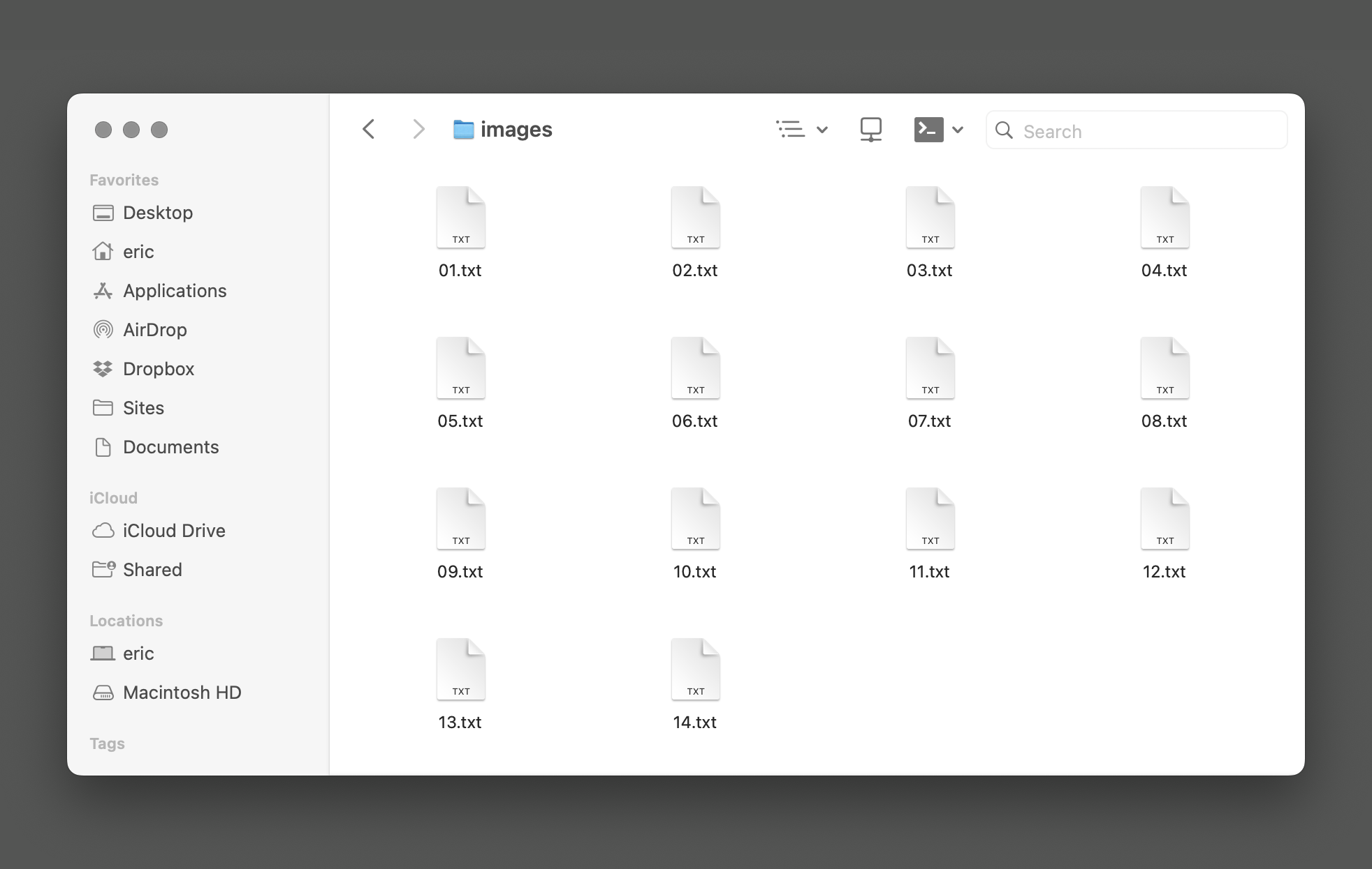 A list of text files in macOS Finder. There are 14 visible files, with filenames counting sequentially up from 01.txt to 14.txt. The files are arranged in a grid of four columns and four rows, and the last two positons on the bottom right are empty. This makes it appear like it is the end of the list of files. Screenshot.