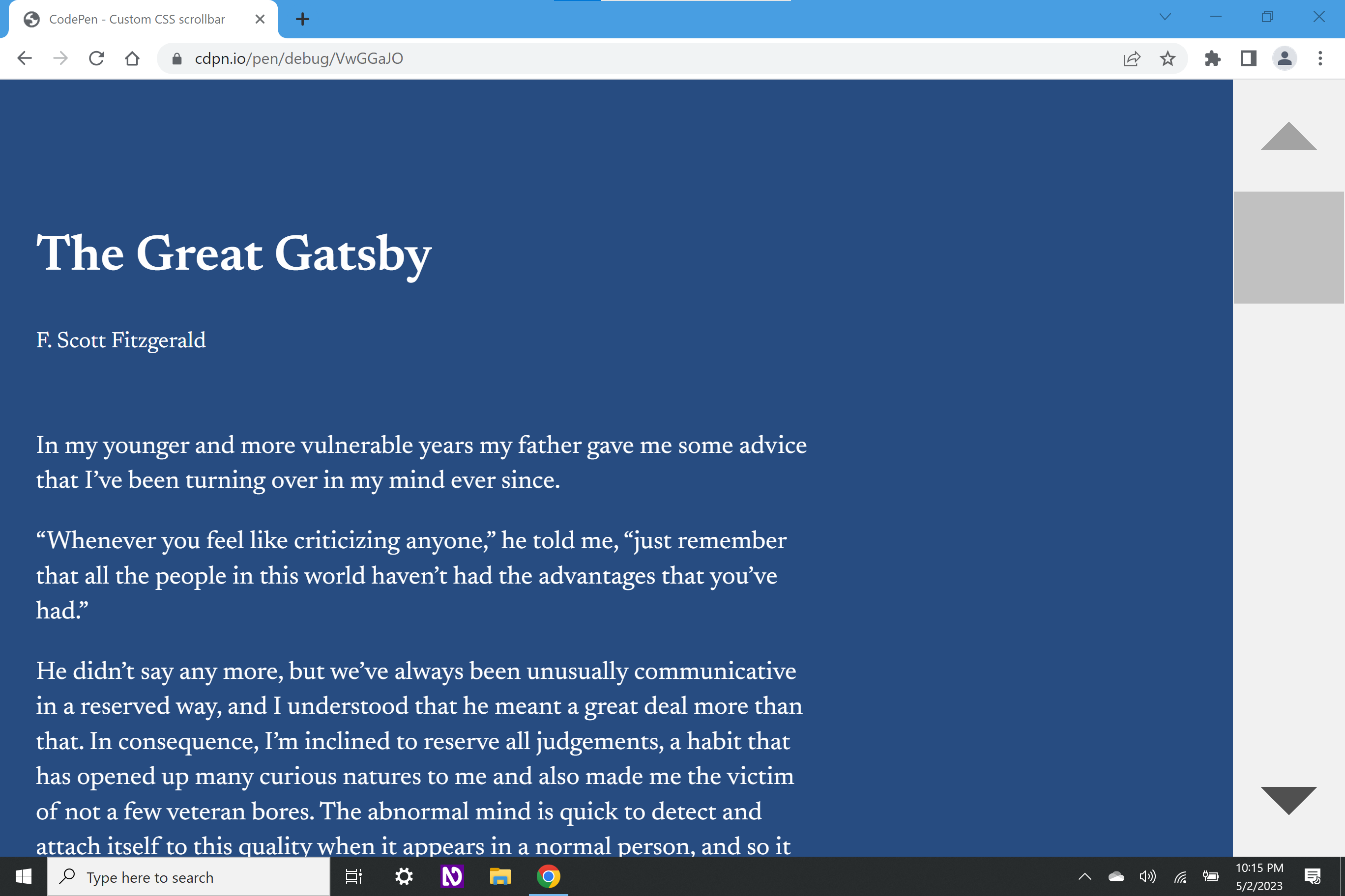 Chrime with a tab open to a CodePen set the display opening text to The Great Gatsby. The scrollbar's width takes up about 10% of the screen. Screenshot.