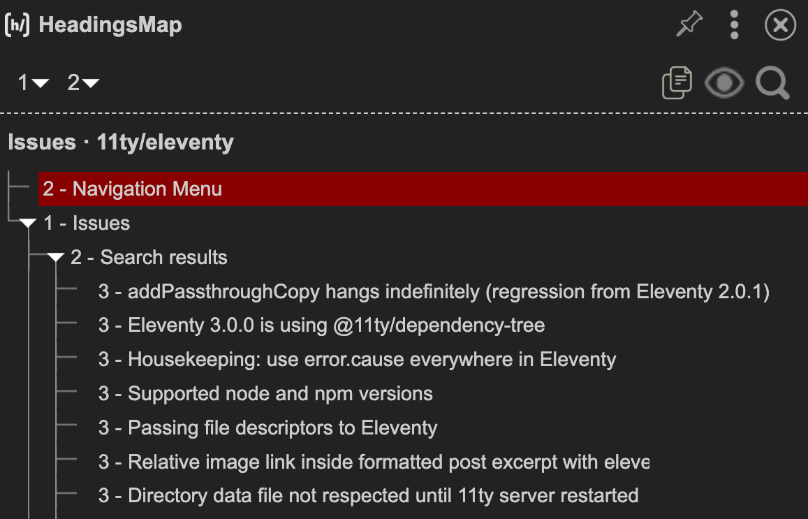 The HeadingsMap browser extension showing a hierarchical list of headings on the Issues page for the eleventy repository. Each issue title is a level three heading.