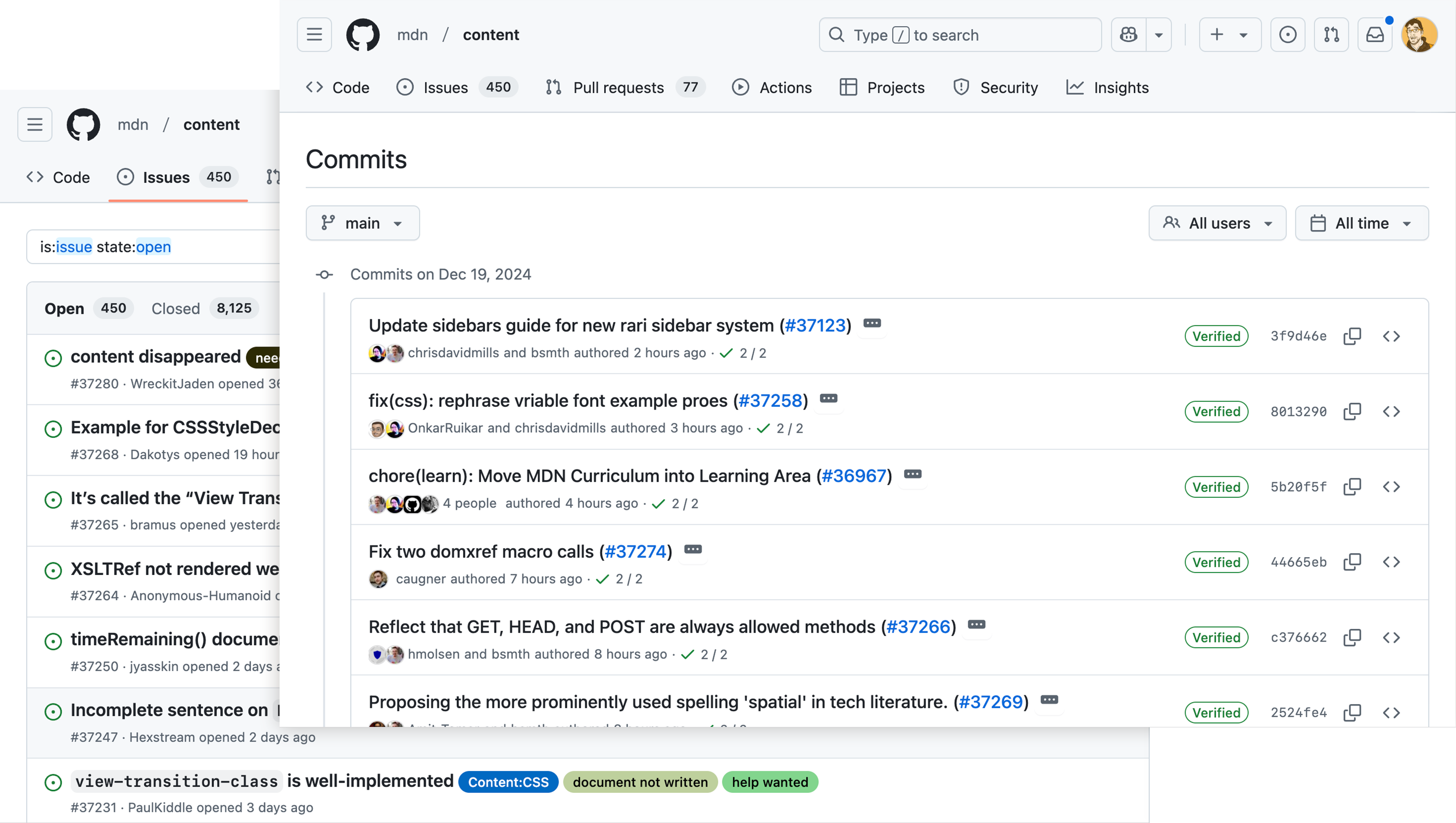 Two stacked screenshots of the MDN's content repositiory. The top screenshot shows the repository's commits page, and the bottom shows the repository's issues page.