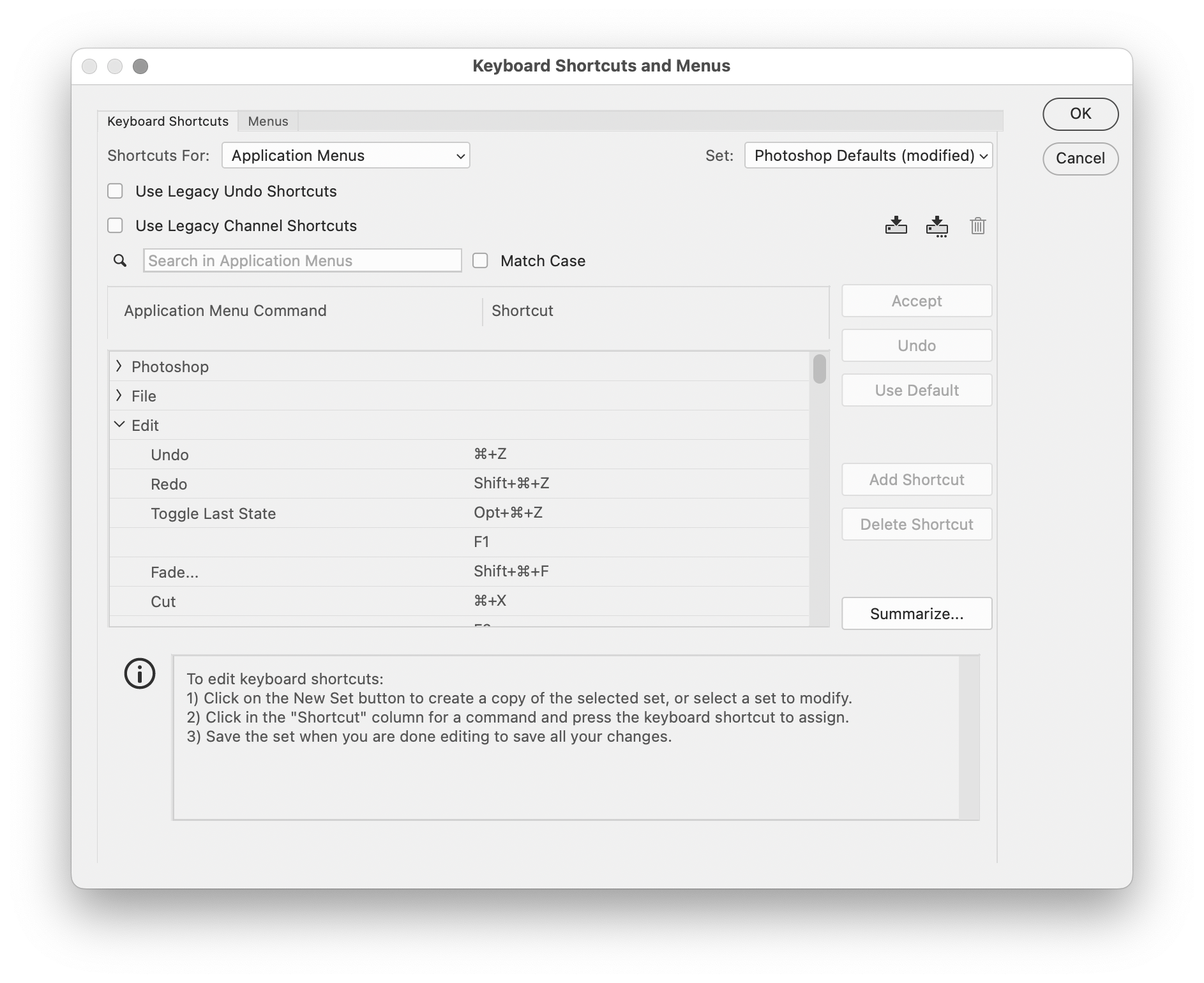 A Photoshop menu called 'Keyboard Shortcuts and Menus'. There is a tree view for each of Photoshop's parent menus, with the node for the 'Edit' menu command expanded. Menu commands are listed, as well as their associated keyboard shortcuts. Options are also present to add, remove, undo, and use default shortcuts. Screenshot.