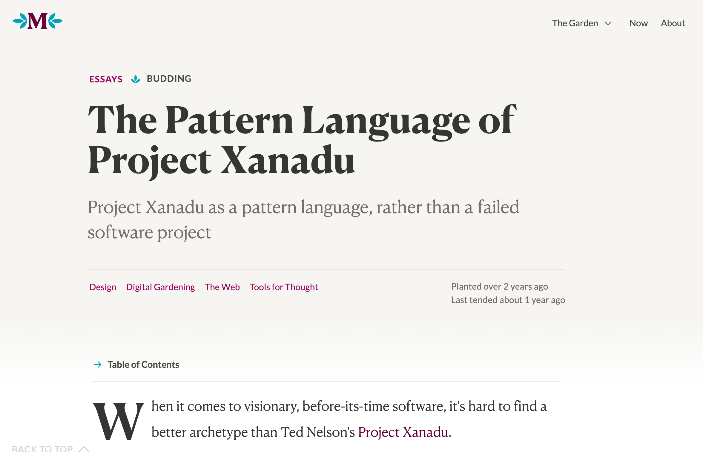 An essay titled, 'The Pattern Language of Project Xanadu' on Maggie Appleton's blog. The design uses delicate black and purple serif typography set on a sublte light beige-to-white gradient. Following the title is an excerpt that reads, 'Project Xanadu as a pattern language, rather than a failed software project'. Screenshot.
