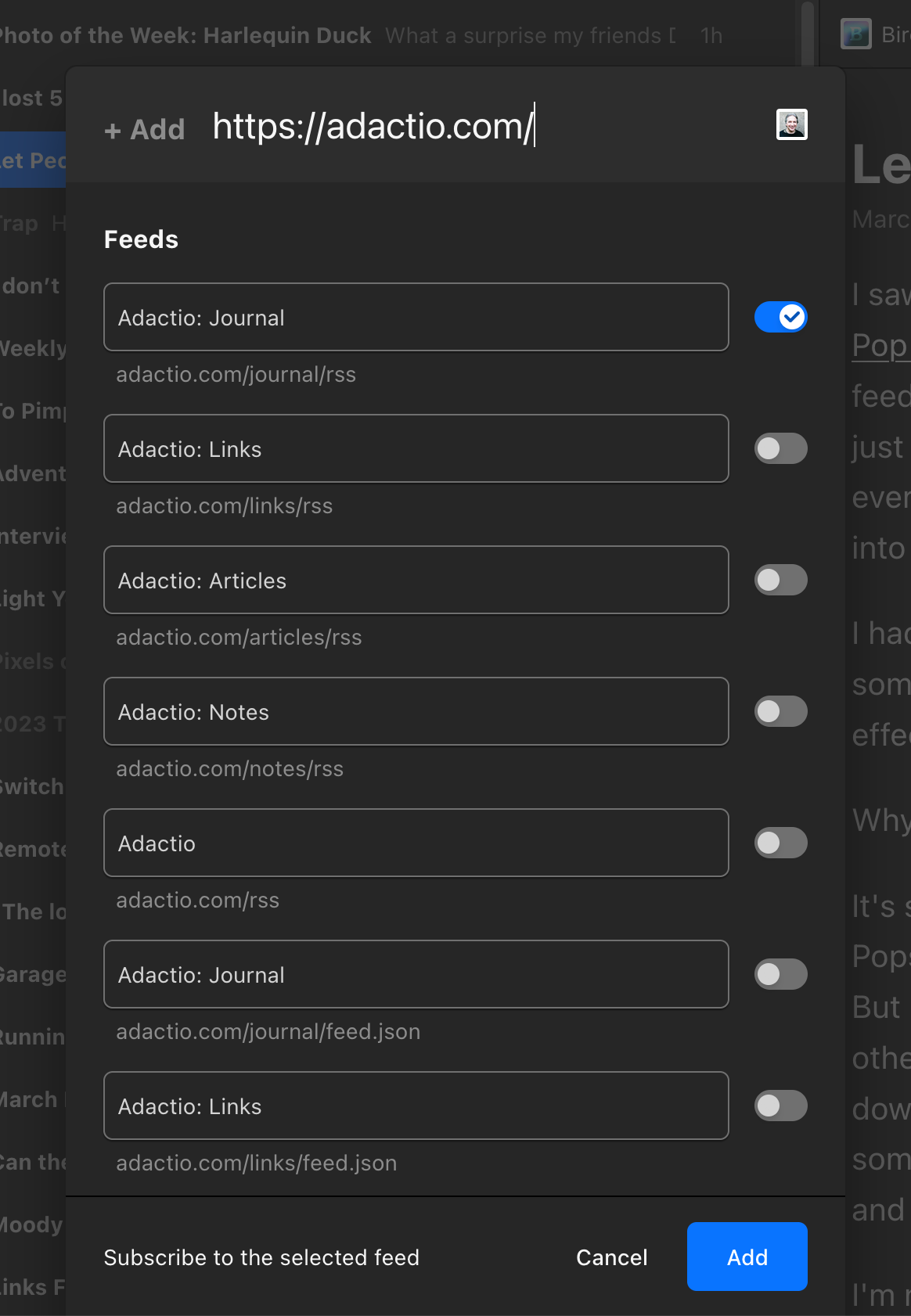 Feedbin's RSS feed subscription modal. The URL 'https://adactio.com/' has been entered. There are seven feeds present: Journal, Links, Articles, Notes, Adactio, and then Journal and Links again. The repeated feeds offer JSON alternatives. Switch toggles are present, allowing you to subscribe to one or multiple feeds. Screenshot.