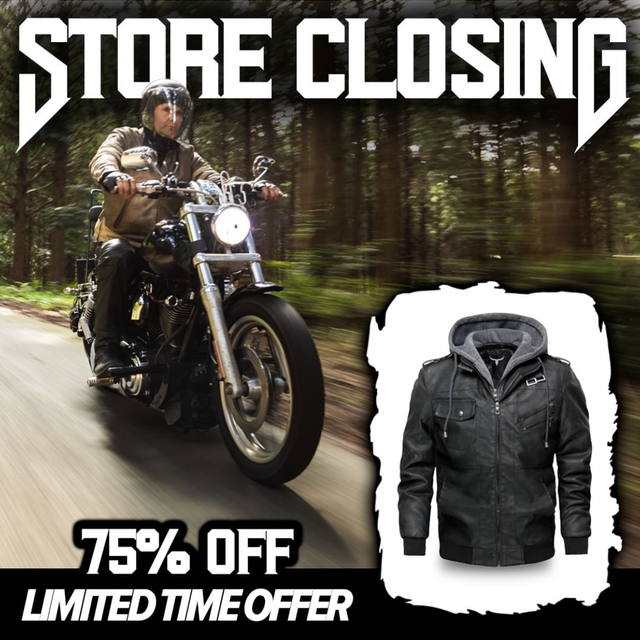 The text, 'Store closing. 75% off limited time offer' placed over a photo of a man riding a motorcycle at great speed through the woods. In front of the man is a rough cutout effect to show a black leather jacket with a built-in cotton hood. The text is set in a edgy typeface vaguely reminicent of the Metallica band logo. On closer inspection, the man on the motorcycle appears to not be wearing the advertised jacket. Screenhot of an Instagram advertisement.