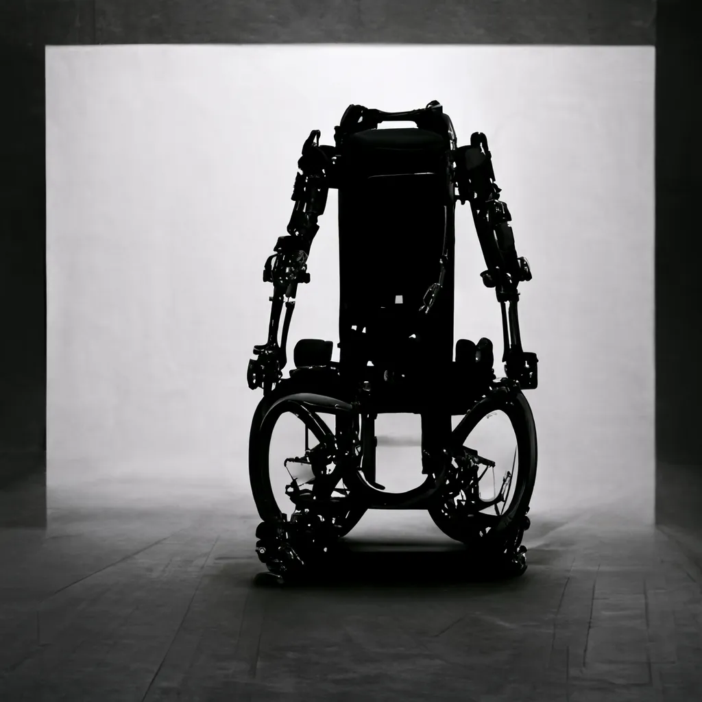 A photograph of a wheelchair with exoskeleton arms jutting out from the top, with its hands resting on the wheels. The wheelchair is directly facing the camera, and is placed in an empty room. A moody, black-and-white treatment with high contrast values gives it an air of menace.