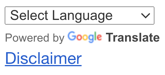 A dropdown labeled “Select language, powered by Google Translate.” Below it is a link that reads “Disclaimer.” Screenshot.