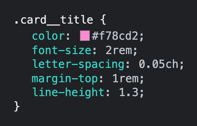 Declarations for a card title class. The color property's value has a pink preview swatch that matches the supplied hex code. Screenshot of Chrome's inspect tool.
